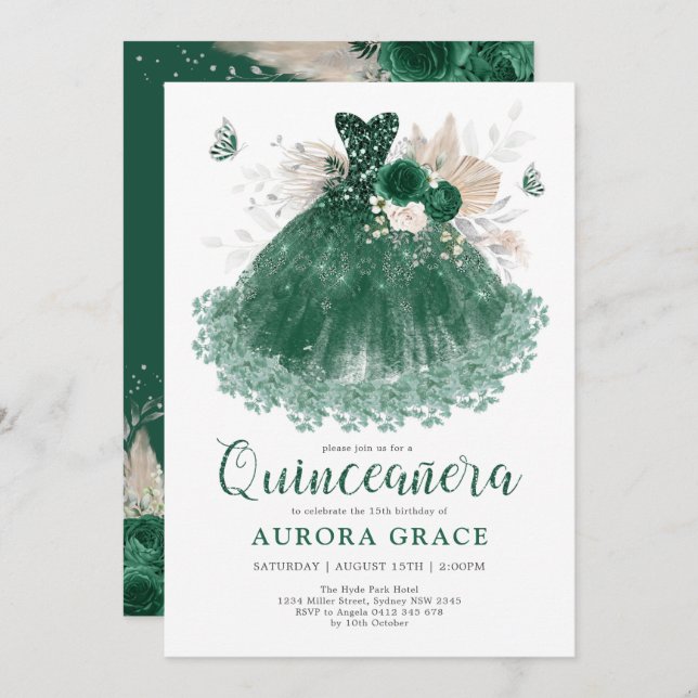 Emerald Silver Flower Quinceañera Mis Quince Anos Inbjudningar (Fram/baksida)