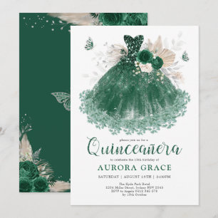 Emerald Silver Flower Quinceañera Mis Quince Anos Inbjudningar