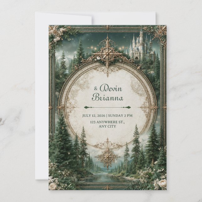 Emerald Skog Slott Bröllop Inbjudningar (Framsida)