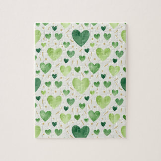 Emerald Sparkle | Green & Gold Watercolor Hearts Pussel