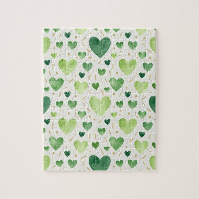 Emerald Sparkle | Green & Gold Watercolor Hearts Pussel (Vertikal)