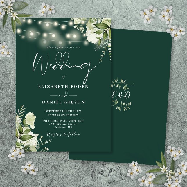 Emerald String Ljus Blommigt Monogram Bröllop Inbjudningar (Emerald String Lights Floral Monogram Wedding Invitation)