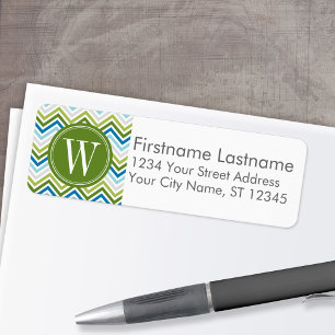 Emerald & Teal Modern Chevron Mönster Monogram Returadress Etikett
