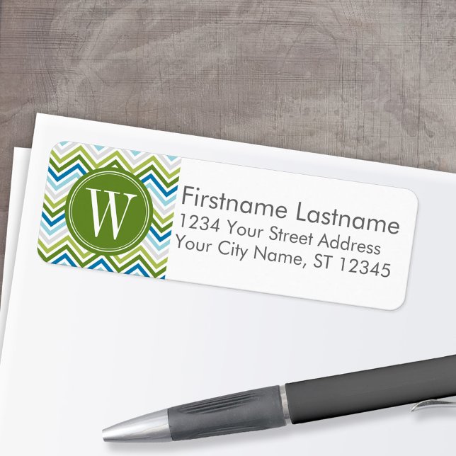 Emerald & Teal Modern Chevron Mönster Monogram Returadress Etikett (Custom Return Address Labels - Low Minimum)
