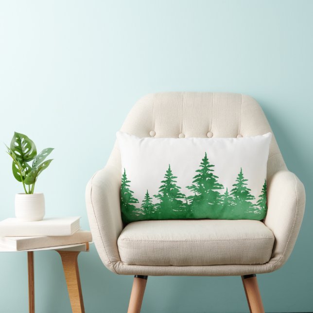 Emerald Watercolor Evergreen Träd Lumbarkudde (Stol)
