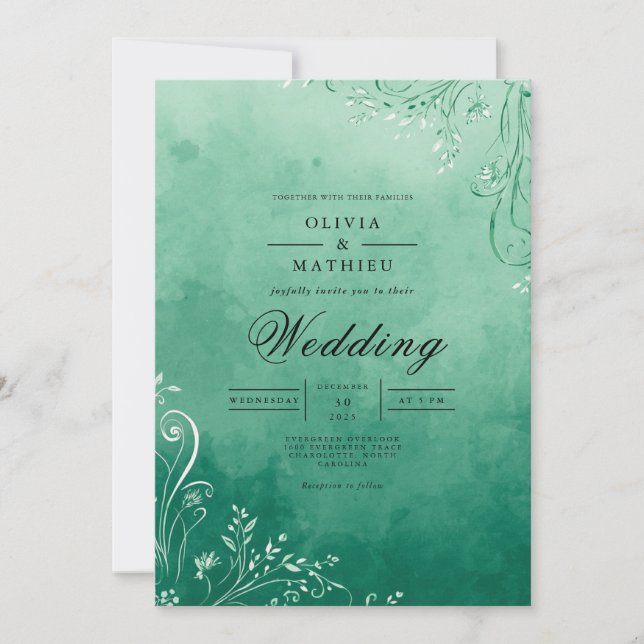 Emerald Watercolor Flourish Bröllop Inbjudningar (Framsida)