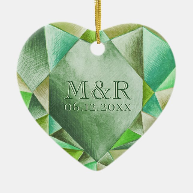 Emerald Watercolor Heart 55:e Bröllop-årsdagen Julgransprydnad Keramik (Framsidan)