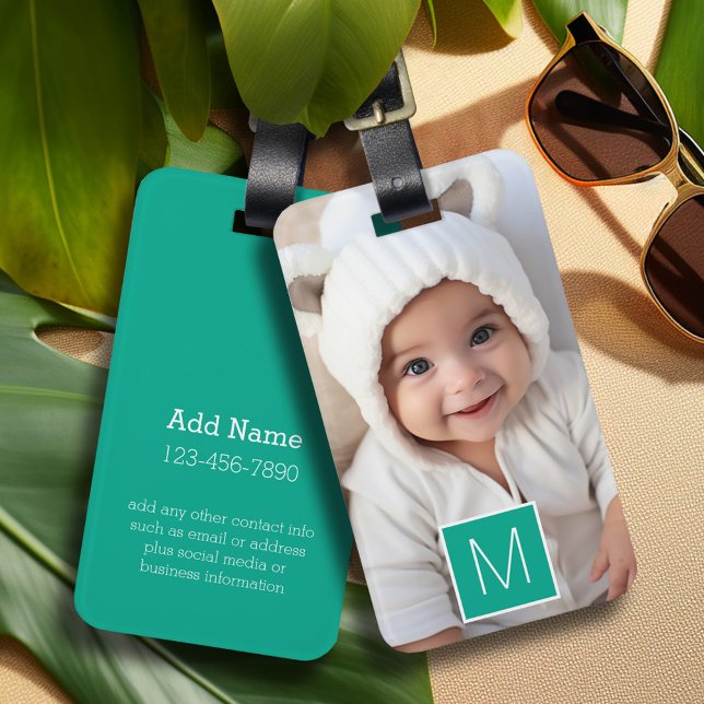 Emerald & White 1 Photo Collage Anpassningsbar Mon Bagagebricka (Personalized luggage tag with 1 photo and contact information)