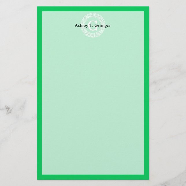 Emerald Wht Grekiska Nyckel Rnd Ram Initial Monogr Brevpapper (Framsida)