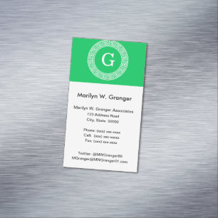Emerald Wht Grekiska Nyckel Rnd Ram Initial Monogr Visitkortmagnet