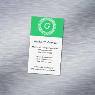 Emerald Wht Grekiska Nyckel Rnd Ram Initial Monogr Visitkortmagnet
