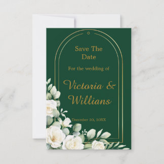 Emerald Winter Elegant Gold Floral Wedding Announc Spara Datumet