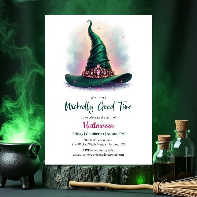 Emerald Witch Hat Wickely Bra Time Halloween Inbjudningar (Wickedly Good Time Halloween Party Invitation – Emerald Witch Hat & Pink Jewels)