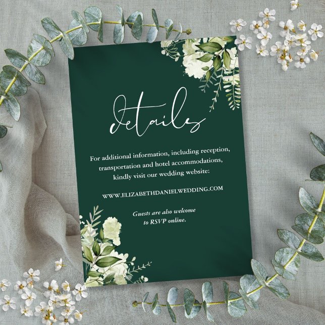 Emeraldgrön Blommig Bröllopsdetalj Tilläggskort (Emerald Greenery Floral Wedding Details Enclosure Card)