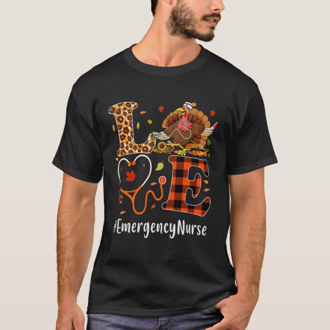 Emergency Nurse Love Thanksgiving Leopard Turkey T Shirt (Framsida)