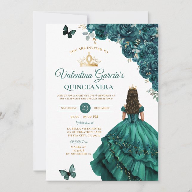 Emerland Green Dress Quinceañera 15 Anos Gold Inbjudningar (Framsida)