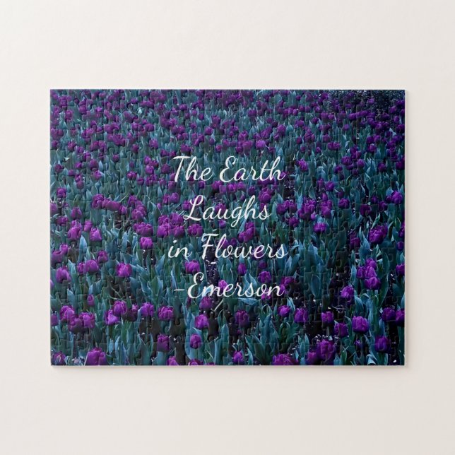 Emerson-citat i lila tulip blomsterträdgård pussel (Horisontell)