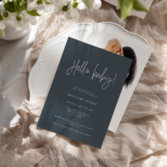 EMERY | Elegant Baby Shower Hej Slate Blue Inbjudningar (Skapare uppladdad)