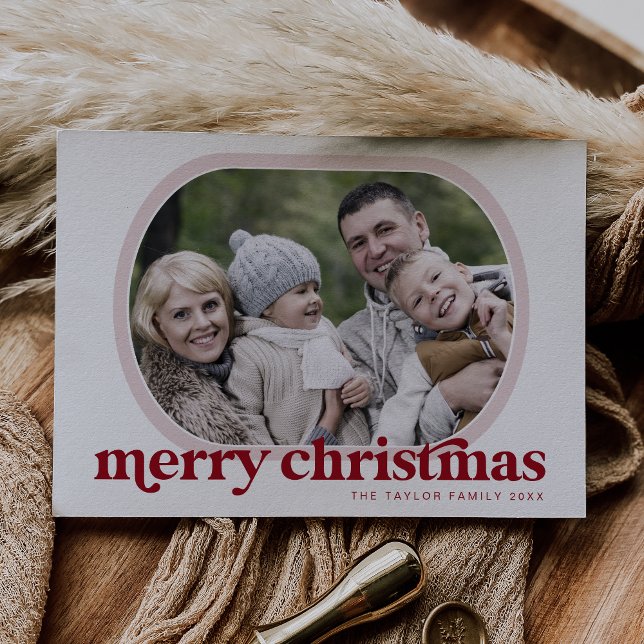 EMERY Red Rosa Family Photo Simple God jul Julkort (EMERY Red Pink Family Photo Simple Merry Christmas Holiday Card)