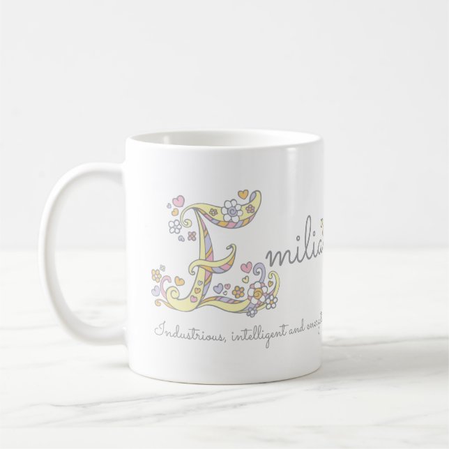 Emilia brev E namn: monogram mugg (Vänster)