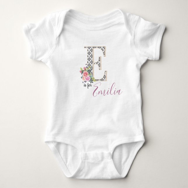 Emilia Namn Baby Outfit Brev Romper Blommigt Girl T Shirt (Framsida)