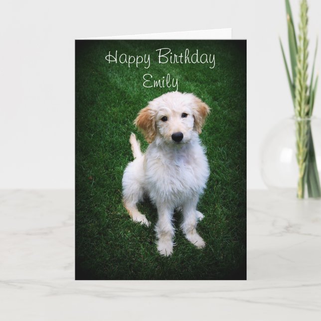 Emily Grattis på födelsedagen Golden Doodle Puppy Kort (Framsida)