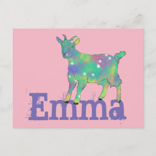 Emma Add Namn Colorful Grönt Goat Cute Animal Art Vykort