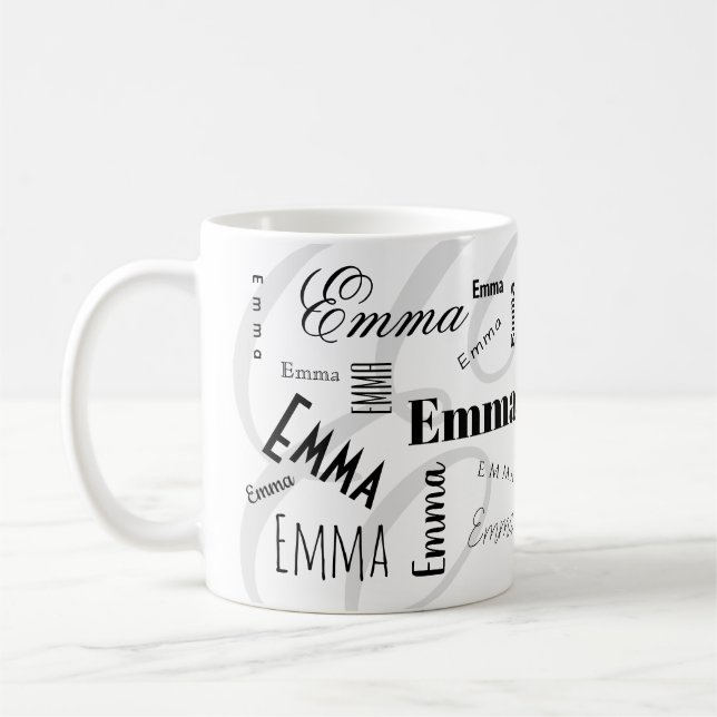 Emma Anpassat Namn  Svart Vit Kaffe Mugg (Vänster)