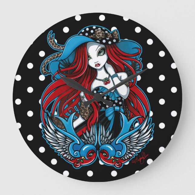 Emma Rockabilly Svälj Angel Polkadot Clock Stor Klocka (Framsida)