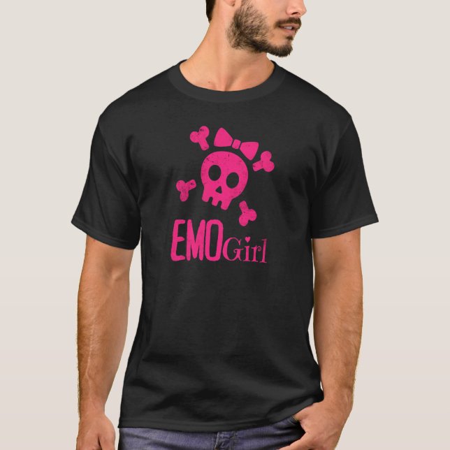 Emo Girl Rosa Skull med Bow Tie Emo Goth Emotiona T Shirt (Framsida)