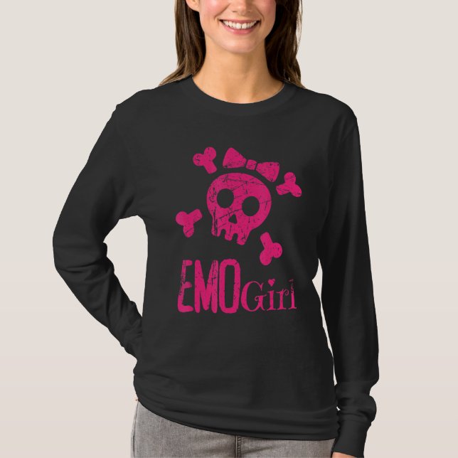 Emo Girl Rosa Skull med Bow Tie Emo Goth Emotiona T Shirt (Framsida)
