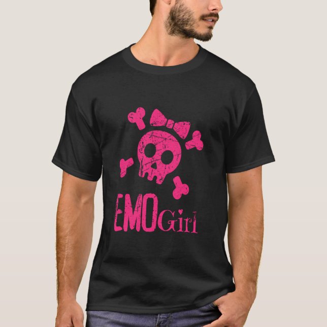 Emo Girl Rosa Skull med Bow Tie Emo Goth Emotiona T Shirt (Framsida)