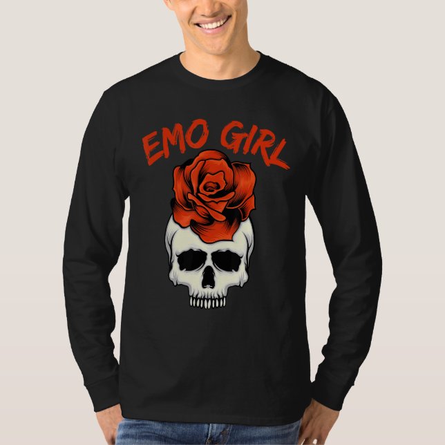 Emo Girl Rosa Skull med Ro Emo Goth Emotional T T Shirt (Framsida)