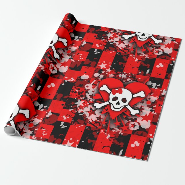 Emo Kärlek Heart Skulls Pappra inslagning Presentpapper (Utrullad)