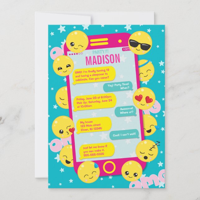 Emoji Birthday-inbjudan / Cell Mobil text / Rosa Inbjudningar (Framsida)