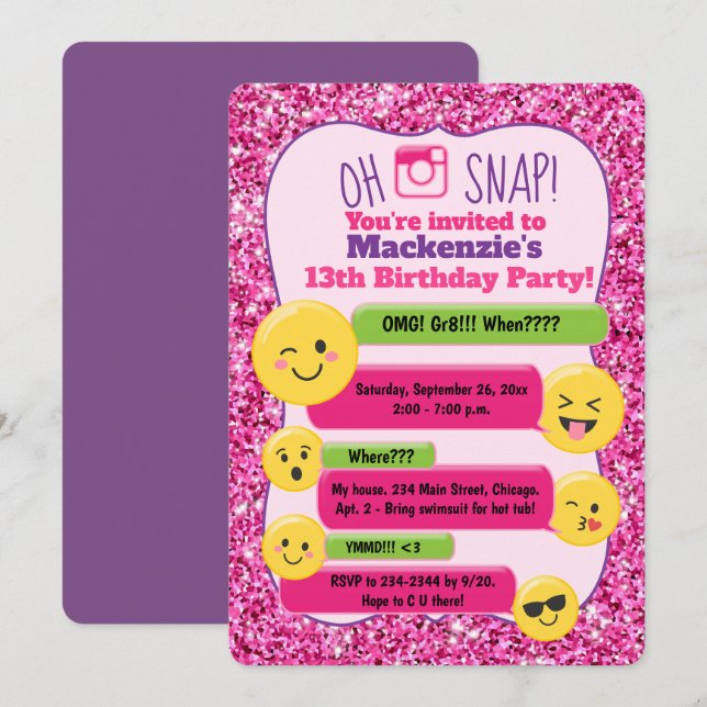 Emoji Flickas tonårstween födelsedag rosa glitter Inbjudningar (Fram/baksida)