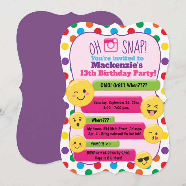 Emoji Girl Tonåring Tween Birthday Inbjudan Die cu (Fram/baksida)