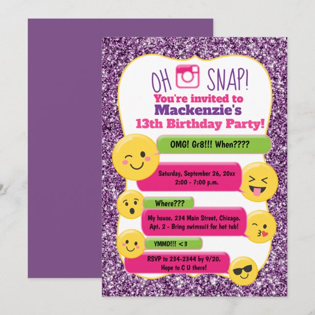 Emoji Girl's Tonåring Tween Birthday Lila Glitter Inbjudningar (Fram/baksida)