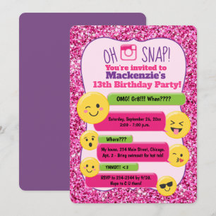 Emoji Girl's Tonåring Tween Birthday Rosa Glitter Inbjudningar