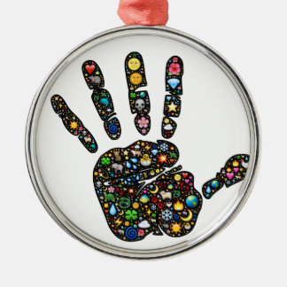 Emoji-konst handprint med naturliga världssymboler julgransprydnad metall