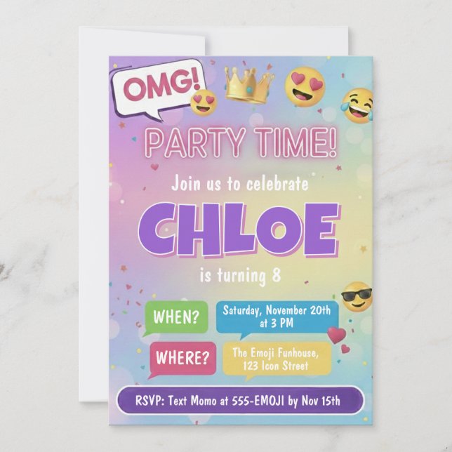 Emoji Party Birthday Invitation Neon Kids Theme Inbjudningar (Framsida)
