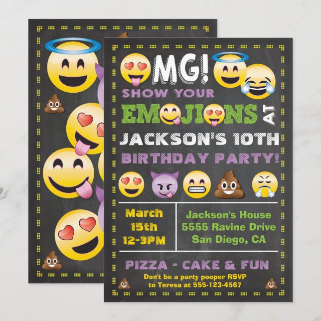Emoji Party OMG Birthay-inbjudan Inbjudningar (Fram/baksida)