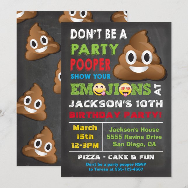 Emoji Party Pooper Birthay-inbjudan Inbjudningar (Fram/baksida)