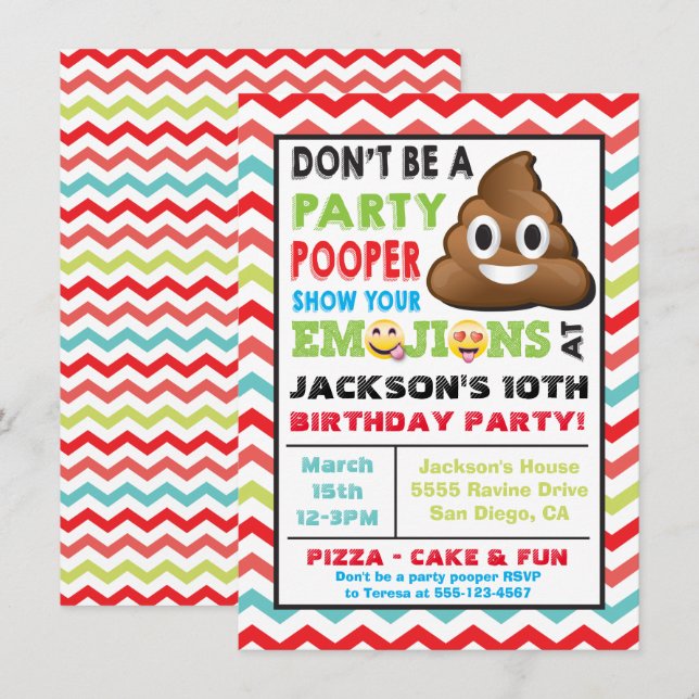 Emoji Party Pooper Birthay-inbjudan Inbjudningar (Fram/baksida)