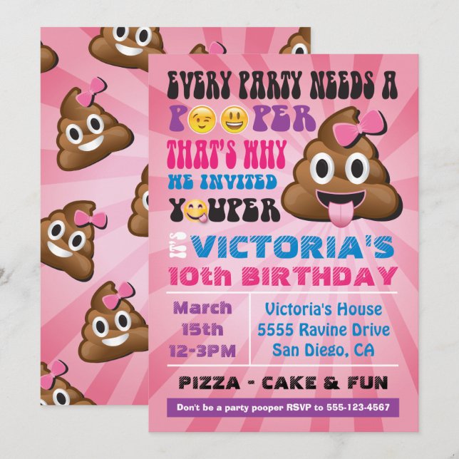 Emoji Party Pooper Girl Birthay-inbjudan Inbjudningar (Fram/baksida)