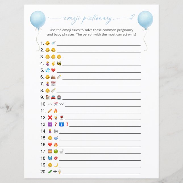 Emoji Pictionary Baby Shower-spel för blå ballonge (Framsida)