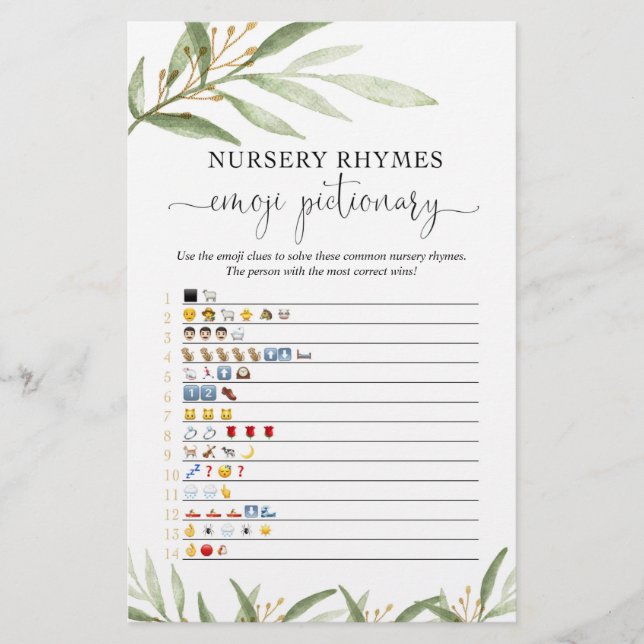 Emoji pictionary babydusch-spelet guld greenery (Framsida)