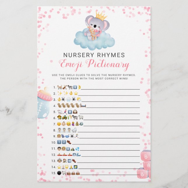 Emoji Pictionary Girl Koala Bear Baby Shower Game (Framsida)