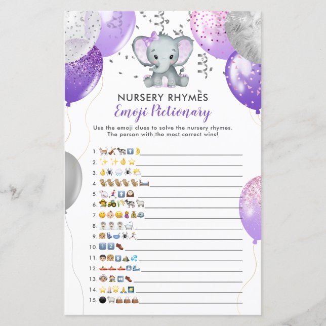 Emoji Pictionary Lila Elephant Baby Shower Game (Framsida)