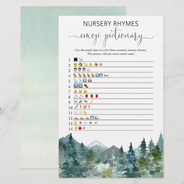 Emoji-pikonster för babyduschspel, rustiska berg (Fram/baksida)